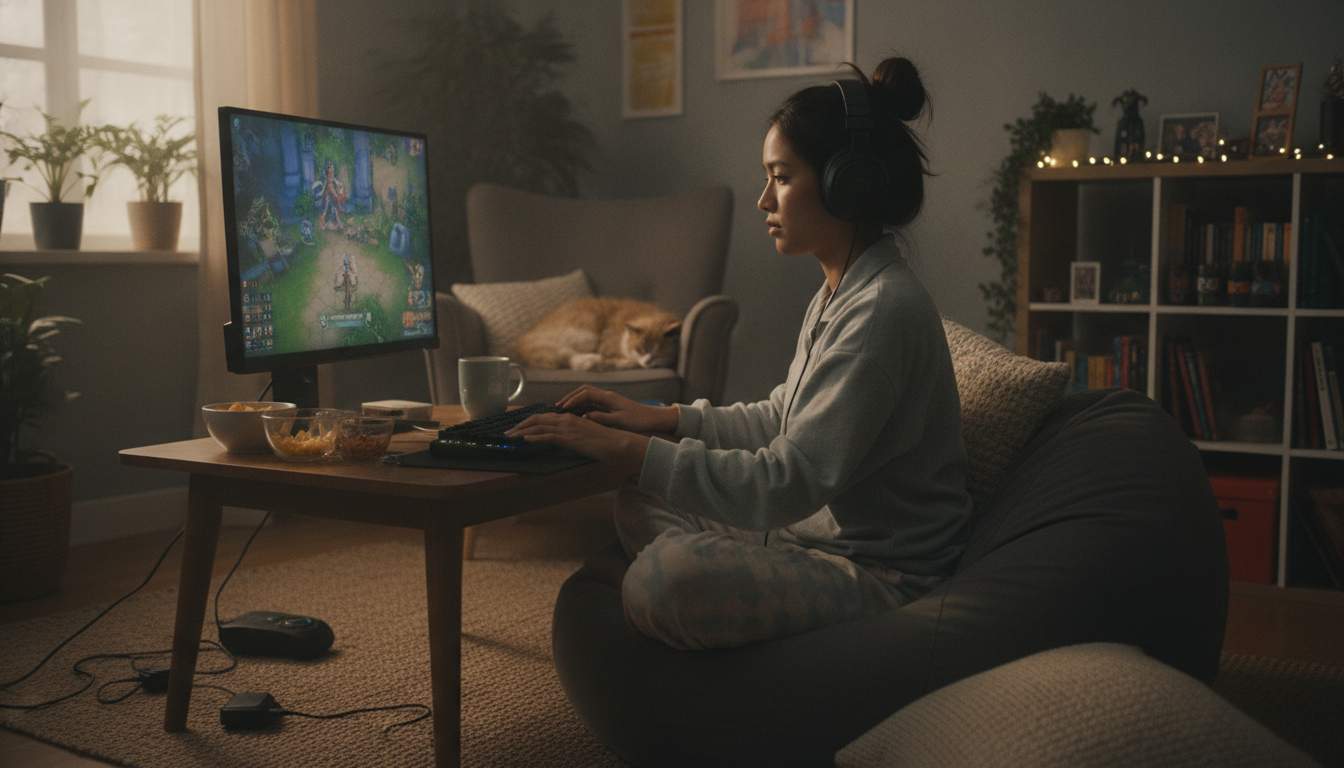 Gaming Experience at LUNAPLUS A woman enjoying online gaming in a casual setting