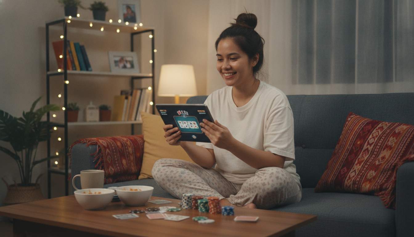 Enjoying Casino Games A woman enjoying casino games at home